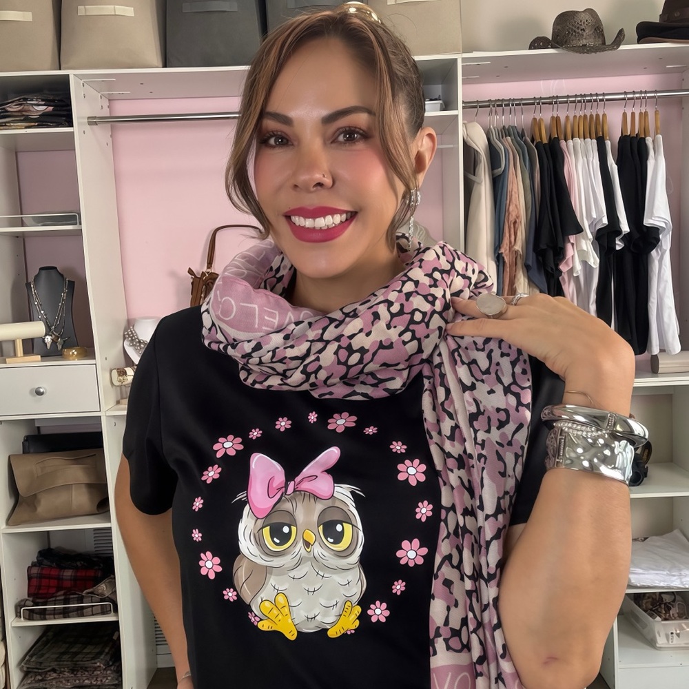Black Owl Graphic T-Shirt with Pink Accents